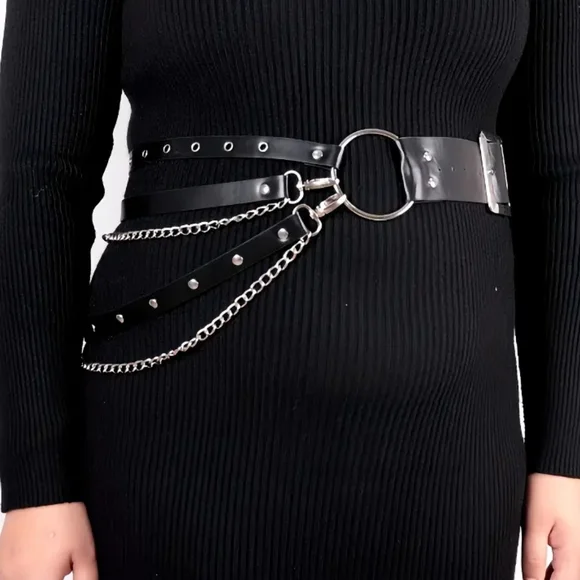 Plus Size☆ Edgy Punk Goth Black Multi-layer Chain And Stud Vegan Leather Belt - Picture 5 of 16